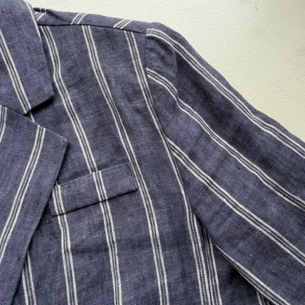 Cabi Women 8 Navy Blue White Stripe 100% Linen Anchor Button Blazer 871 Nautical